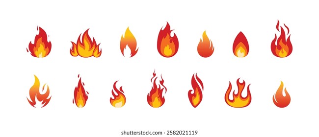 Cartoon campfire. Fire flames, bright fireball, heat wildfire and red hot bonfire, campfire, red fiery flames isolated vector illustration set. Animated form and square, fireball and flame