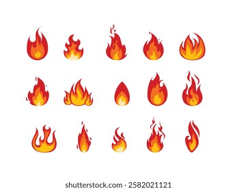 Cartoon campfire. Fire flames, bright fireball, heat wildfire and red hot bonfire, campfire, red fiery flames isolated vector illustration set. Animated form and square, fireball and flame