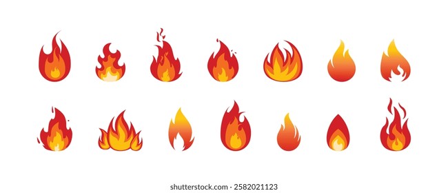 Cartoon campfire. Fire flames, bright fireball, heat wildfire and red hot bonfire, campfire, red fiery flames isolated vector illustration set. Animated form and square, fireball and flame