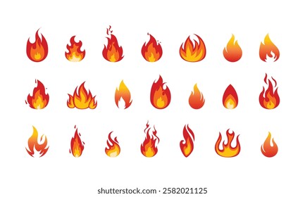 Cartoon campfire. Fire flames, bright fireball, heat wildfire and red hot bonfire, campfire, red fiery flames isolated vector illustration set. Animated form and square, fireball and flame