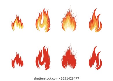 Cartoon campfire. Fire flames, bright fireball, heat wildfire and red hot bonfire, campfire, red fiery flames isolated vector illustration set.