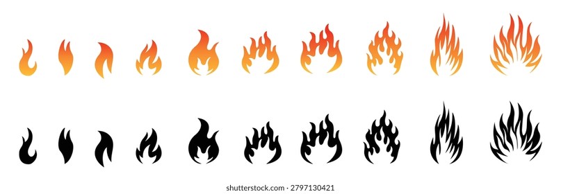 Cartoon campfire. Fire flames, bright fireball, heat wildfire and red hot bonfire, campfire, red fiery flames isolated vector illustration set. Animated form and square, fireball and flame