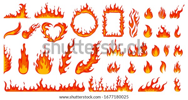Cartoon\
campfire. Fire flames, bright fireball, heat wildfire and red hot\
bonfire, campfire, red fiery flames isolated vector illustration\
set. Animated form and square, fireball and\
flame