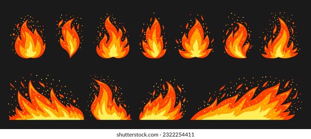 Cartoon campfire flat icon set. Red hot flame with sparks on black background. Bright fiery yellow heat flames wildfire and bonfire, burn power silhouettes. Various shape blazing fire emoticon