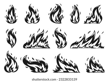 Cartoon campfire flat icon set. Hot flame with sparks on white background. Fiery heat flames wildfire and bonfire, burn power black silhouettes. Various shape blazing fire emoticon. Stencil stamp