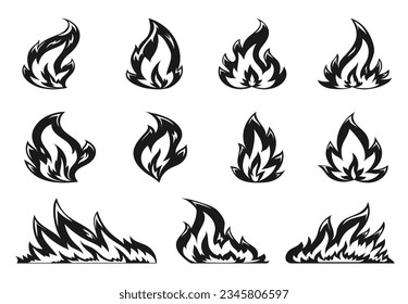 Cartoon campfire flat icon set. Hot flame on white background. Fiery heat flames wildfire and bonfire, burn power black silhouettes. Various shape blazing fire emoticon, stamp, stencil