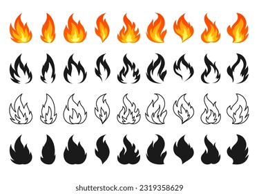 Icono de fogata de caricatura en silueta plana, negra, estilo de línea. Llama caliente roja aislada en blanco. Las llamas de calor abrasadoras avivan el fuego y la hoguera, queman energía. Diversos emoticonos de incendio de forma