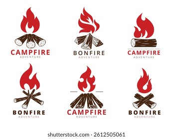 Cartoon campfire logo. Summer camping party label, bonfire camp emblem firewood fire flame burn wood silhouette scout vintage logotype mountain expedition, tidy vector illustration original artwork