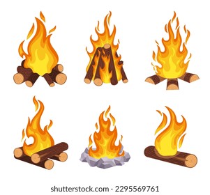 Cartoon campfire. Wood bonfire, burning log. Outdoor fire flames with stone and wooden borders. Outside wild adventure, camping activities, forest tourist isolated vector set illustration