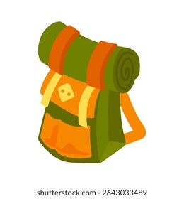 Cartoon Camping Backpack Illustration. Cartoon illustration of a green and orange hiking backpack with a rolled sleeping mat on top. Flat style, isolated on white background.
