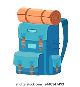 Mochila de camping de dibujos animados con alfombra de rollo Icono de viaje y turismo aislado sobre fondo blanco. Traje de viajero. Viaje de senderismo. Ilustración vectorial en estilo plano