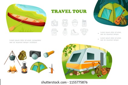 Cartoon camping colorful composition with camper trailer canoe tent guitar backpack pot on fire camera flashlight lantern knife axe vector illustration