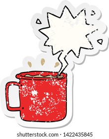 Cartoon-Camping-Tasse Kaffee mit Sprachblase bedrückte alte Aufkleber