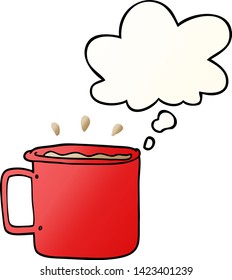 cartoon camping cup of coffee with thought bubble in smooth gradient style