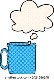 cartoon camping cup of coffee with thought bubble in comic book style
