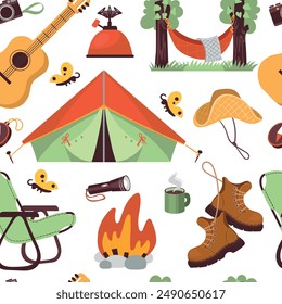 Cartoon camping elements seamless pattern. Adventure summer time. Tourists equipment. Campground tent. Hiking hat or boots. Picnic bonfire. Guitar and hammock. Splendid