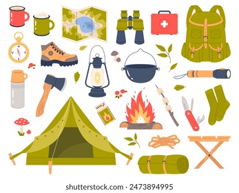 Elementos de camping de dibujos animados. Artículos de senderismo de verano, picnic y Ocio al aire libre, tienda, fogata, mochila y mapa, kit de supervivencia, aventuras forestales, tiempo de ocio en la naturaleza, Vector conjunto aislado