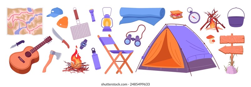 Cartoon camping equipment. Summer tourism and hiking items, tent, picnic campfire, compass and map flat vector illustration set. Outdoor camping accessories