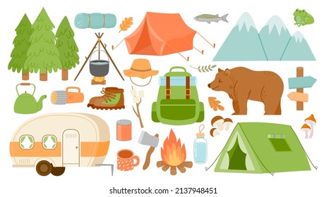 Cartoon camping and hiking equipment, tent and forest nature. Camp fire, bag, road home, lantern and mat. Survival hike adventure vector set. Tourist equipment for trekking trip or journey