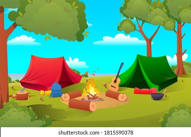 Cartoon camping, hiking equipment tents, tools. Tent, forest, sky, camping, burning fire. Camping theme. Vector illustration