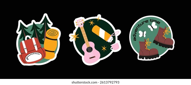 Cartoon Camping and Hiking Stickers – Travel, Tent, Backpack, Compass, Fire. Retro Adventure Doodle Pack. Outdoor Travel Stickers Set