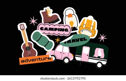 Cartoon Camping and Hiking Stickers – Travel, Tent, Backpack, Compass, Fire. Retro Adventure Doodle Pack. Outdoor Travel Stickers Set