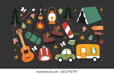 Cartoon Camping and Hiking Stickers – Travel, Tent, Backpack, Compass, Fire. Retro Adventure Doodle Pack. Outdoor Travel Stickers Set - Powered by Shutterstock - Get 15% off with code: PIKWIZARD15