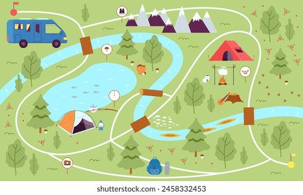 Cartoon camping map. Seasonal adventures on nature. Camp infographics with transport, lake and tents. Planning hiking, decent vector background