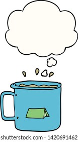 cartoon camping mug with thought bubble