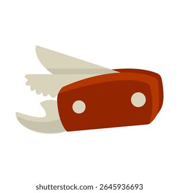Cartoon Camping Multi Tool Icon. Flat cartoon illustration of a folding multi-tool with blade, saw and opener. Brown-red handle, isolated on white background.
