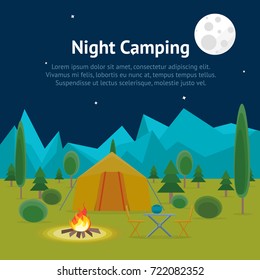 Cartoon Camping Night View Card Poster with Tent and Bonfire Flat Style Design Outdoor Summer Tourism. Vector illustration