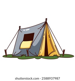 Cartoon camping tent. Funny retro tourist camp shelter for survival in forest, hiking adventure. Campsite mascot, cartoon tent with open window sticker of 70s 80s style vector illustration