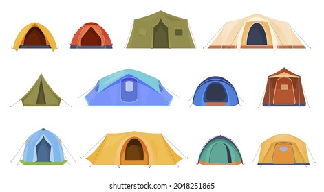 Cartoon camping tent set vector flat illustration. Hiking triangle and dome design equipment for sleeping halt during trekking isolated. Tourist camp tents collection. Extreme outdoor leisure activity