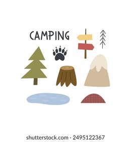 Cartoon camping thematic elements, hand drawing lettering. Colorful vector illustration, flat style. design for cards, print, poster, cover
