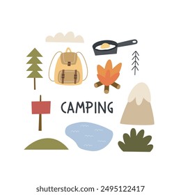 Cartoon camping thematic elements, hand drawing lettering. Colorful vector illustration, flat style. design for cards, print, poster, cover
