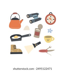 Cartoon camping thematic elements, hand drawing lettering. Colorful vector illustration, flat style. design for cards, print, poster, cover
