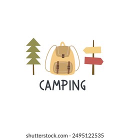 Cartoon camping thematic elements, hand drawing lettering. Colorful vector illustration, flat style. design for cards, print, poster, cover

