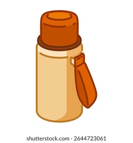 Cartoon Camping Thermos Bottle Icon — Cute beige and orange thermos bottle with strap, drawn in flat cartoon style. Isolated hiking accessory illustration on white background.







