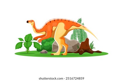 Personaje de dinosaurio prehistórico de camptosaurus de dibujos animados en el paisaje jurásico. Dino anaranjado Vector aislado con piernas largas, cola y cuello de pie en campo sereno con hierba verde, helechos, rocas y tocón de árbol