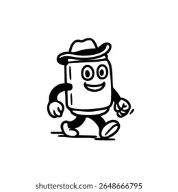 A cartoon can character wearing a cowboy hat, walking