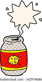 cartoon can of soda with speech bubble in comic book style