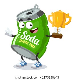 cartoon can of sugar free soda mascot holds the number one cup on white background