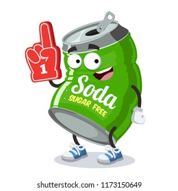 cartoon can of sugar free soda character mascot with the number 1 one sports fan hand glove on a white background