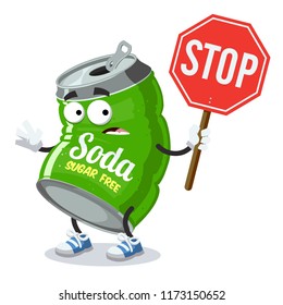 Cartoon Can Of Sugar Free Soda Mascot With Tablet Stop In Hand On White Background