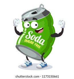 Cartoon Can Of Sugar Free Soda Mascot Shows Its Strength On A White Background