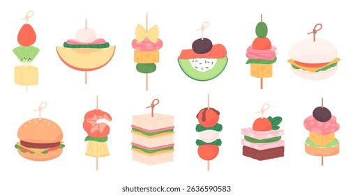 Cartoon canape. Appetizer with shrimp cheese vegetables fruits bread and bun. Mini burger and sandwich. Buffet or party style food, racy vector clipart