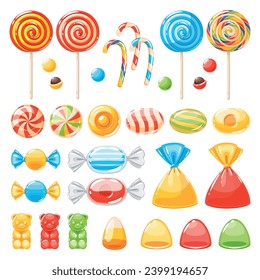 Cartoon candies. Multi colored different types caramel, in wrappers and on sticks, marmalade bear and lollipop, sweet bonbons, delicious confectionery. Kids dessert. Vector isolated set