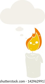 cartoon candle character with thought bubble in retro style