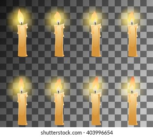 Cartoon candle with fire animation on transparent background with dancing halo. Vector illustration for 2d games.