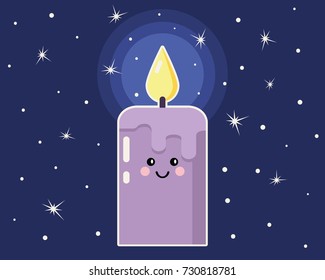 Cartoon candle with funny face on dark background with stars, flat design